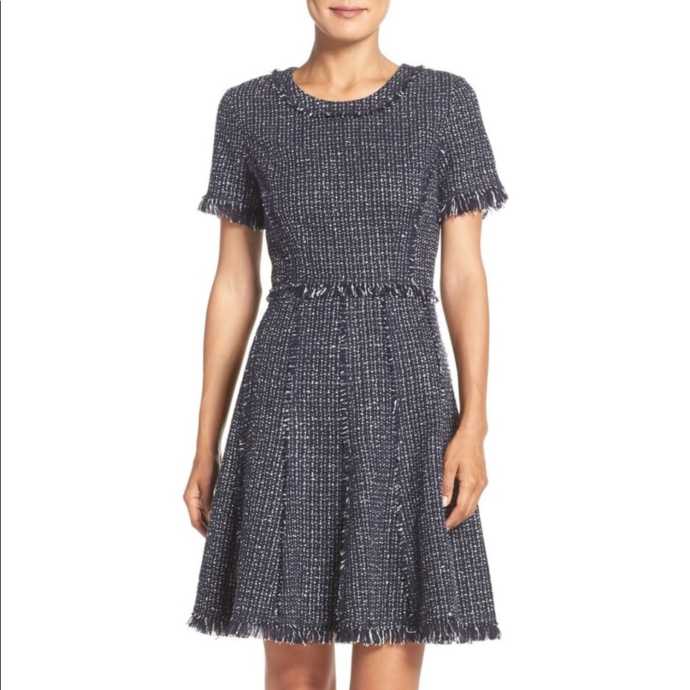 Eliza J Tweed Fit & Flare Blue & White Dress 0P